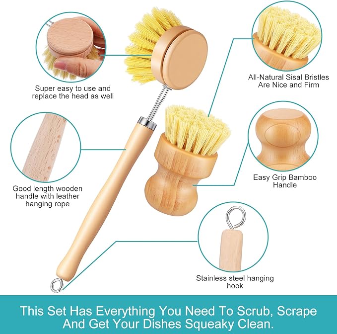 9 PCS Bamboo Dish Brush Set, Multifunctional Dishwashing Bamboo Scrub Brush with Natural Sisal Bristles, Wooden Dish Brush for Cleaning Pots, Pans, Dishes, Vegetables