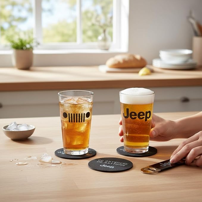Detroit Shirt Company Jeep Pint Glass Gift Set – 2 Glasses, Recycled Tire Coasters, Bottle Opener – Off-Road Jeep Gift for Men – Licensed Set