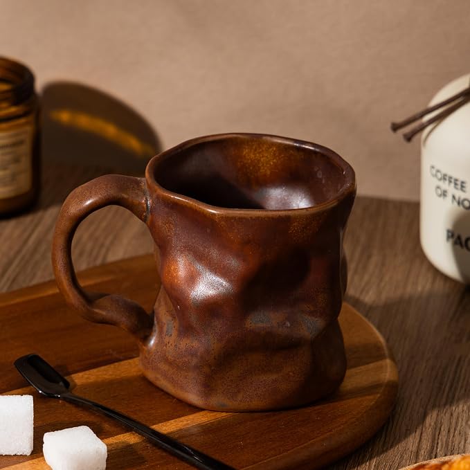 Handmade Ceramic Coffee Mugs, Mugs with Spoon, 11oz, Handmade Pottery Mug with Handle, Hand-painting, Unique Uneven Surface Tea cups, Dishwasher and Microwave Safe (Coffee Color)