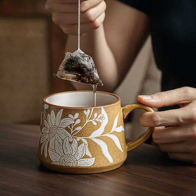16OZ Ceramic Coffee Latte Mug, Cute Cup for Women, Ideal for Green Tea or Coffee,Hand Painted Floral Design Pottery Mug(Asagao)