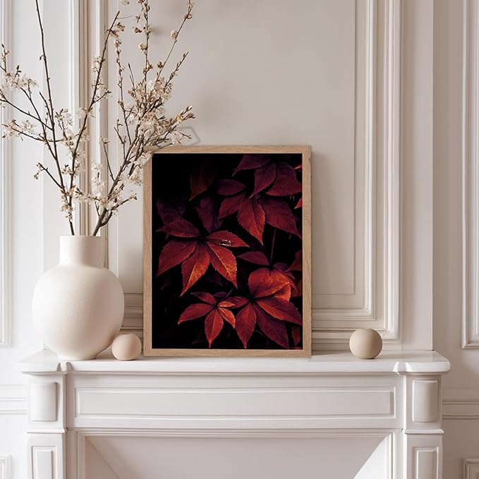 Monem Art Red Autumn Leaves Macro Photography Print - Moody Botanical Nature Poster - Wall Decor for Living Room, Bedroom or Office - 8x10 Beige Framed Wall Art by Mareike Bohmer