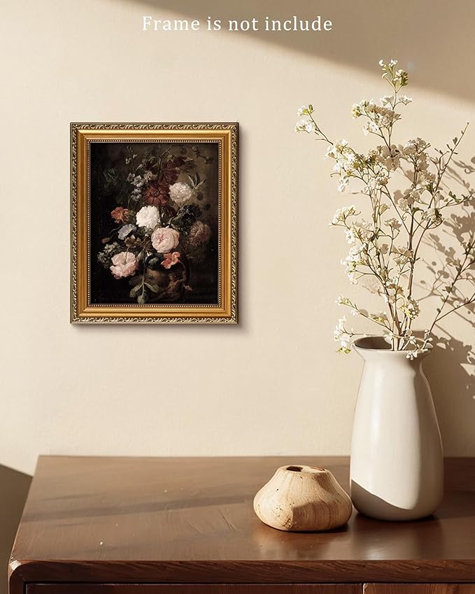 Vodefoad Vintage Moody Floral Wall Art Retro Dark Flower Painting Farmhouse Wall Decor Antique Oil Painting Victorian Print for Bedroom Bathroom Living Room Decor - 8x10Inch Unframe