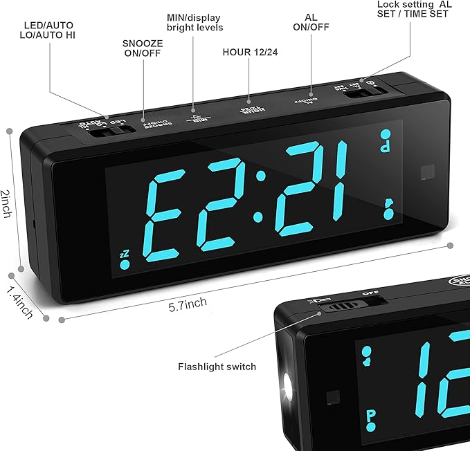Digital Alarm Clock Battery Operated Night Visiable with Hybrid LED/LCD Time Display, Emergency Flashlight, Small Travel Clock for Bedroom Bedside (Blue Display)