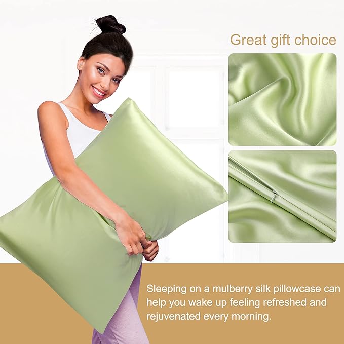 uxcell 1 Pack 100% Charmeuse Pure Silk Pillowcase for Hair and Skin, 350TC 19 Momme Soft Breathable Pillow Case with Hidden Zipper, Fruit Green Standard(20x26inch)