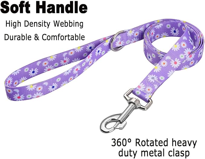 MarukoPet Dog Collar and Leash Set, Adjustable for Small Medium Large Dogs Puppy, Cute Design with Bohemia Floral Tribal Geometric Patterns Boys Girls Dog Collar(Purple Daisy Set,L)