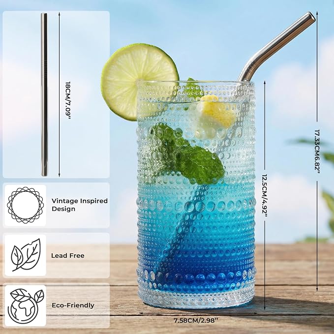 CycleMore 12Pc Vintage Hobnail Drinking Glasses, 12oz 10oz 4oz Clear Cup | Multisize Vintage Hobnail Glasses. Ideal for Juice, Cocktails, Whiskey, Smoothies & Espresso. Dishwasher Safe
