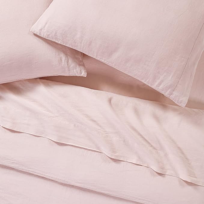 Sijo Stone Washed Organic French Linen Bed Sheet Set, GOTS Certified Organic, Best Cooling Linen Sheet Award by Sleep Foundation, 1 Flat Sheet Only (Blush, King/Cal King)