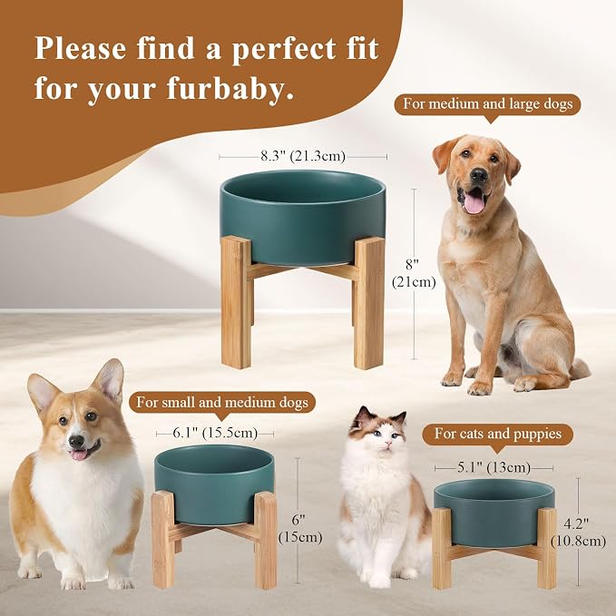 Elevated Ceramic Cat Bowl - Cat Food Bowl with Bamboo Stand - Raised Dog Dish for Puppies - Anti Vomiting, Stress Free - 13.5 oz / 400 ml - Pink