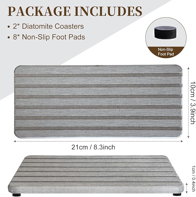 2 PCS Water Absorbent Diatomite Rectangle Coasters with Grooved Design - Thirsty Absorbing Stone Tray for Soaps Dish, Hand Soaps, Plants, Toiletries - Keep Bathroom & Kitchen Counter Tops Dry & Tidy