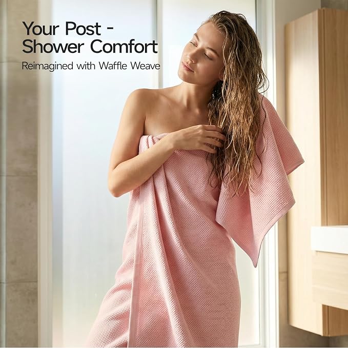 REDKISS Quick Dry Waffle Towel Set of 8, 100% Cotton,Lightweight & Highly Absorbent Waffle Towels for Bathroom, Spa, Gym, Pool-2 Bath Towels, 2 Hand Towels & 4 Washcloths,Pink