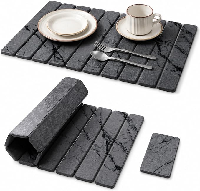 2 PCS Large Stone Dish Drying Mat for Kitchen Counter, 24" x 16" Diatomaceous Earth Dish Mat with 8" x 4" Coaster, Quick Dry Foldable Absorbent Mat for Dishes, Cups, Bottles (Dark Gray)