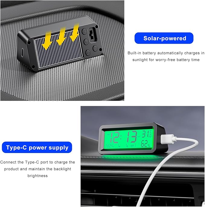 Car Digital Dashboard Clock, Solar Power Rechargeable Vehicle Electronic Clock with Night Backlight, Desk Watch with Day/Date/Temperature Display for Home Bedroom Office