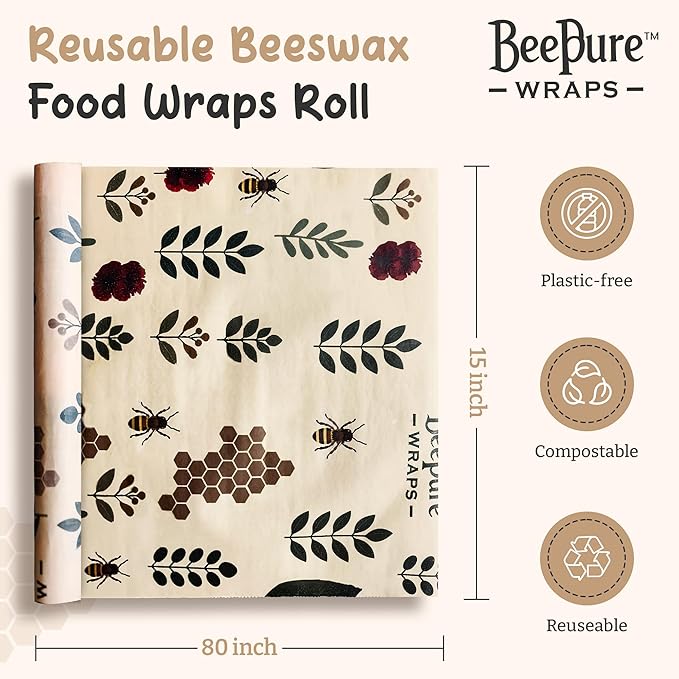 BeePure Reusable Beeswax Food Wrap - Eco-Friendly, Sustainable Wrap Roll (15"x80") - Plant & Bee Pattern for Food Storage