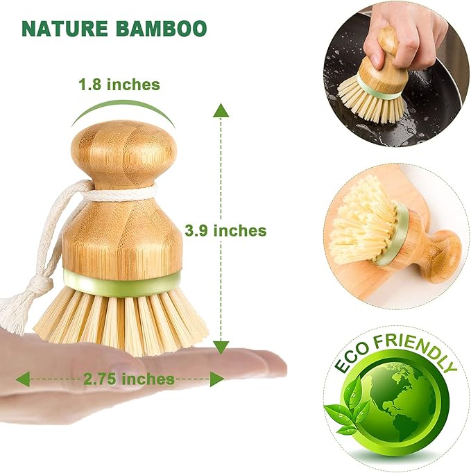 Bamboo Dish Brush, Scrub Brush for Dishes Pots Pans Kitchen Sink Cast Iron Skillet Cleaning, Pack of 2