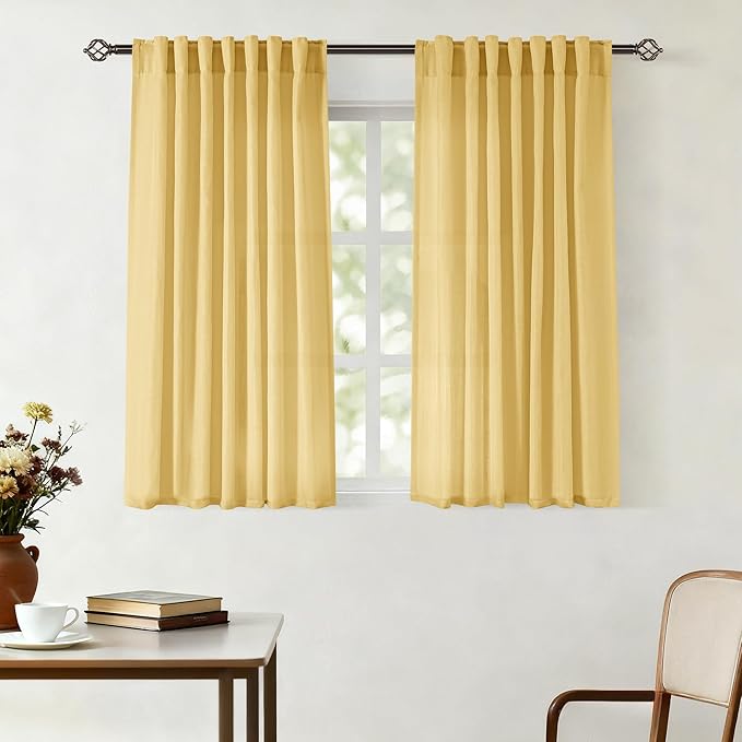 Gold Curtains for Living Room Back Tab Modern Farmhouse Semi Sheer Gold Curtains 45 inches Long 2 Panels Set Muted Neutral Window Curtain for Dining Room Bedroom 52x45