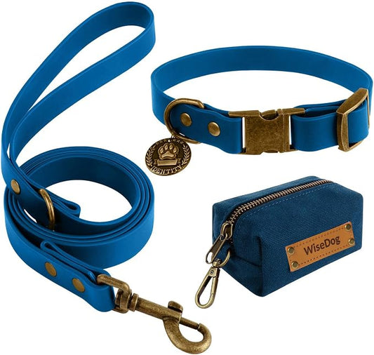 Wisedog Waterproof Dog Collar and Leash Set, S, Blue | Adjustable Puppy Collar, Cute Tag, 4FT Dog Leash, Includes Poop Bag, For Small Medium Large Dogs
