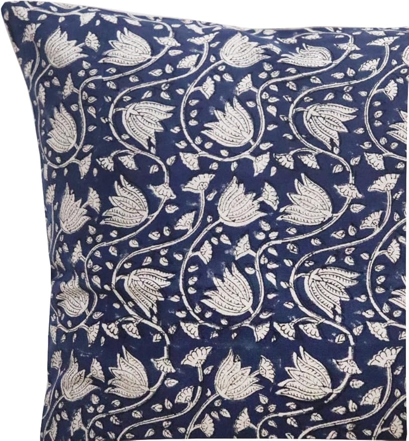 Hand-Block Printed, Artisan-Made Neutral Accent Throw Pillow Covers- 100% Cotton Cushion for Sofa, Bed, Chair, Home Decor, Boho, Indoor - Sansa (Midnight Blue, 20" x 20" (Pack of 2))