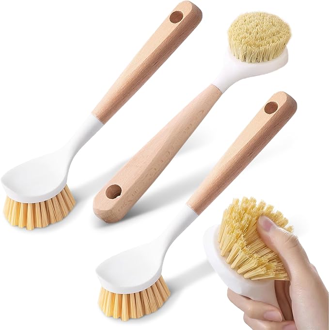 Cheer Collection Bamboo Dish Brush Set of 3 – Kitchen Scrub Brushes with Non-Scratch Bristles for Pots, Pans, and Sink Cleaning – Durable Dishwashing Brushes for Daily Kitchen Use