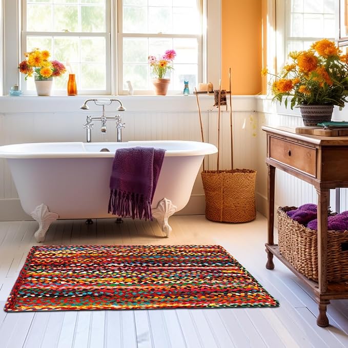 COTTON CRAFT Cotton Chindi Braid Rag Rug - 2-Pack Handwoven Reversible Accent Area Rugs - Boho Farmhouse Rustic Décor - Recycled Cotton - 2 x 3 ft - Multicolor