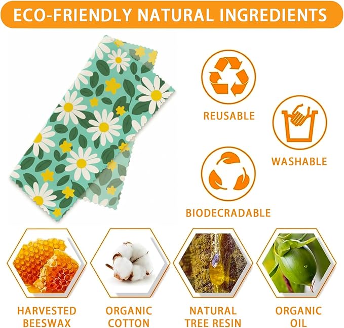 Reusable Beeswax Wrap, 9 Pack Eco-Friendly Beeswax Wraps For Food, Organic, Sustainable, Biodegradable, Zero Waste, Plastic-Free Food Storage, 1XL, 3M, 5S Spring Floral Daisy Pattern