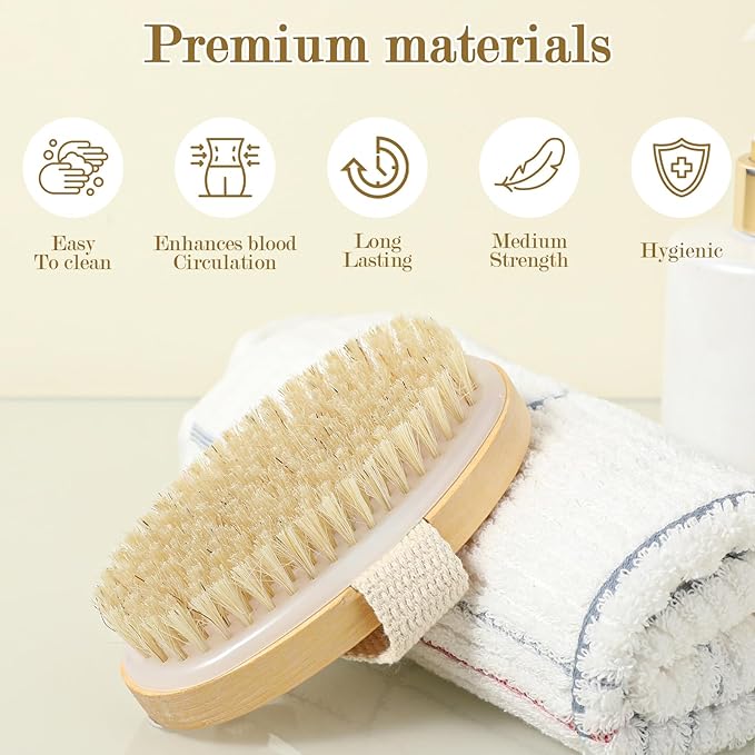 4pcs Dry Brushing Body Brush, Natural Bristle Dry Skin Exfoliating Brush Body Scrub for Flawless Skin, Cellulite Treatment, Lymphatic Drainage and Blood Circulation Improvement