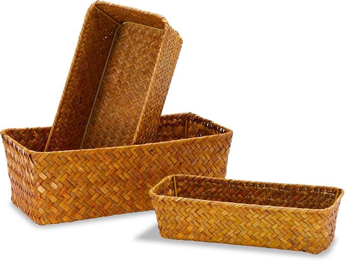 Seagrass Storage Basket, Stackable Open Woven Baskets Bins Container for Organizing Shelves Bedroom Living Room, Set of 3, Natural