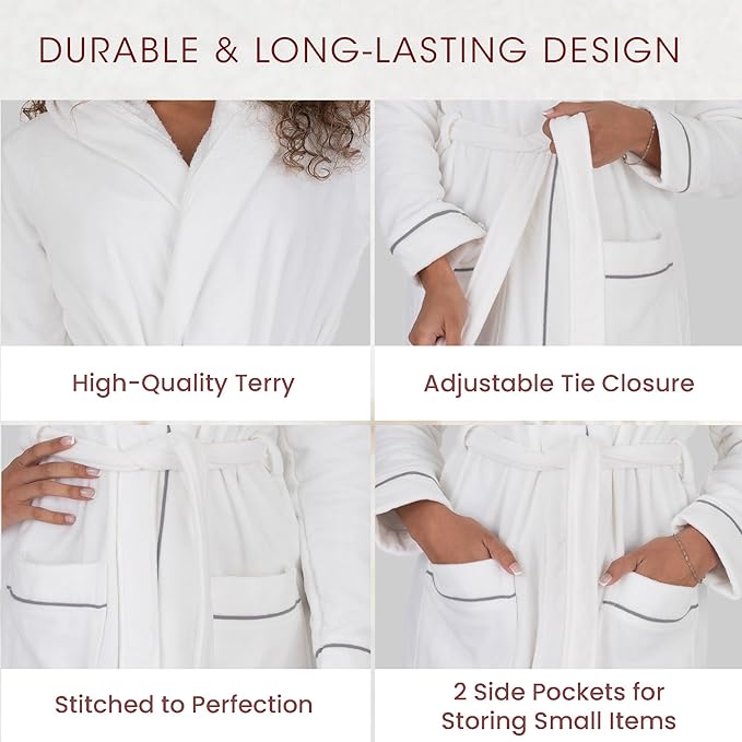 Be Relax Bathrobe for Women - Full Length Terry Cotton Robe with Shawl Collar and Hood, Warm and Cozy Robe with Belt & Pocket