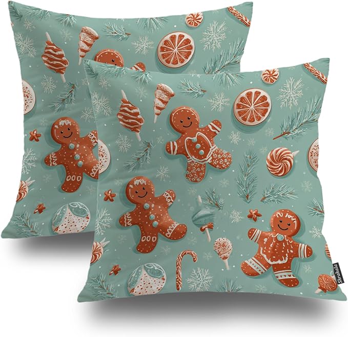 Shrahala Gingerbread Christmas Candy Decorative Throw Pillow Cover, Retro Christmas Candy Pattern Square Pillowcase Blended Double-Sided No Inserts for Bedroom Living Room Set of 2 (20 x 20 in)