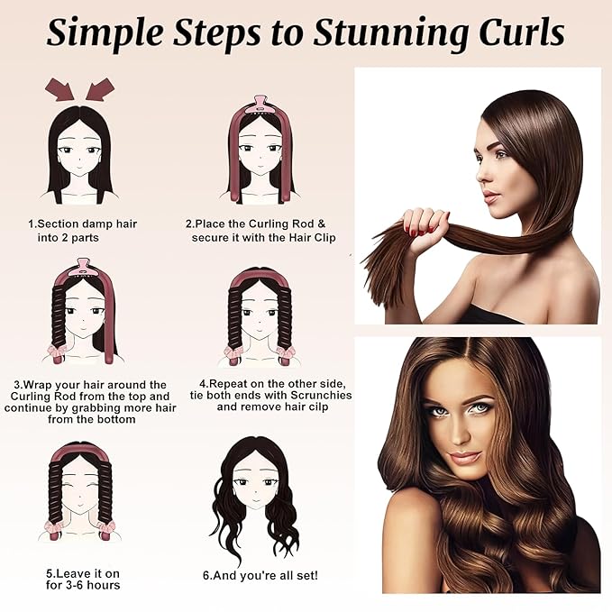 Heatless Curls Overnight,Hair Curlers to Sleep In,No Heat Satin Curling Rod Set,Eternal Muse Rollers,Sleeping Blowout Headband,Foam Curly Tie Ribbon Styling Tool for Long Hair