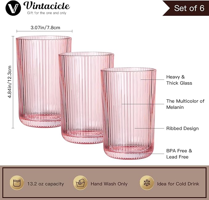 Pink Ribbed Highball Glasses Set of 6, 13.2oz Pink Colored Glassware, Drinking Glasses for Water, Juice, Iced Coffee, Cocktails, Pink Glass Cups, Housewarming Christmas Gift