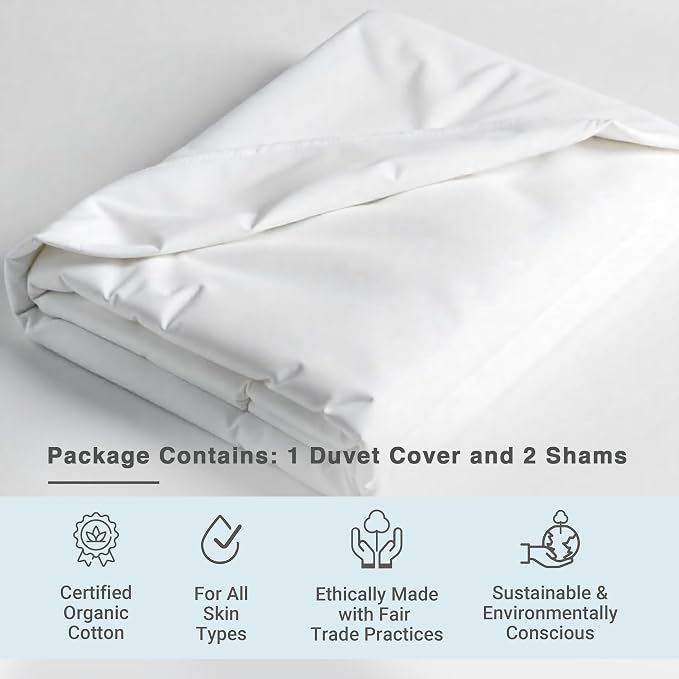 Fabdreams GOTS Certified 100% Organic Cotton Duvet Cover King Size - 400 TC Sateen - Soft - Silky - Button Closure - Edge Ties - 1 Duvet Cover (106"x92")+2 Pillow Shams (20"x36") - White