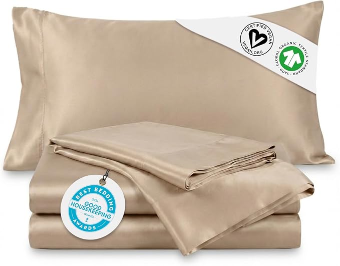 Delilah Home 100% Organic Cotton Full Bed Sheet Set, GOTS & Vegan.org Verified, Long Stem 300 TC Sateen Bedding, Non-Synthetic, Deep Pocket Fitted Linen, Lightweight, All-Season, 3 Piece Set - Beige