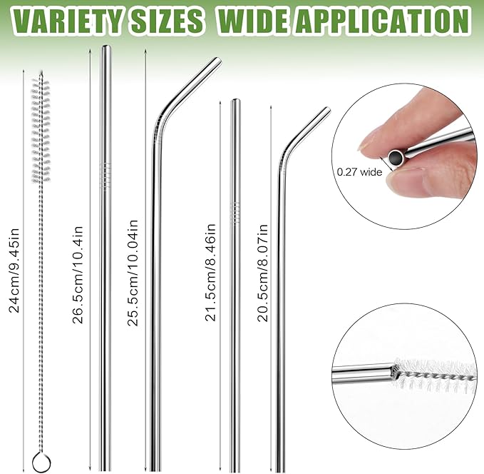 Lazycorner 16 Pcs Metal Straw Reusable 8.5" 10.5" 6mm Stainless Steel Straws for Tumblers 20oz-32oz, Silver Drinking Straws with Silicone Tips, 4 Straw Cleaner Brush, 1 Travel Case