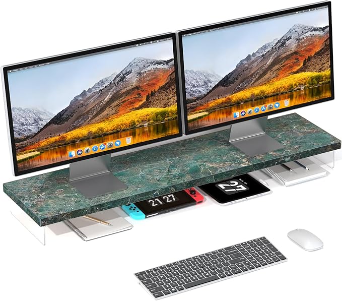 Dual Monitor Stand Riser, 40" Large Computer Monitor Stands for 2 Monitors, Wooden Desktop Organizer Shelf for Office Desk Computer, Laptop, TV, Monitor, Printer