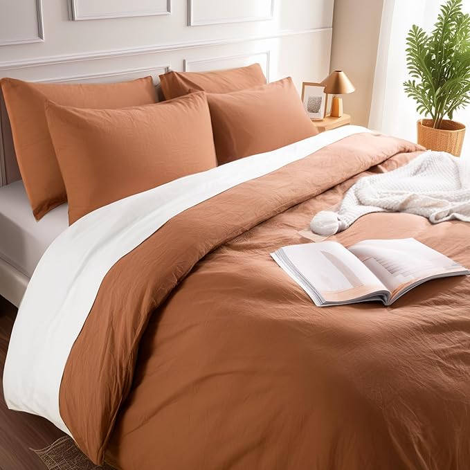 NEXHOME PRO Duvet Cover Set 100% Washed Cotton California King 104"x98", Organic Natural Linen Look Textured 3 Pieces Bedding Set Terracotta Burnt Orange with Zipper Closure, Soft(No Comforter)