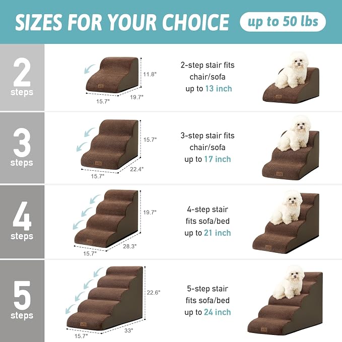COZY KISS Dog Stairs for High Bed 22.6" H, Small Dog Step for Puppy, Older or Cat, Curved Ramp for Car, Ladder with High Density Foam, Lightweight, Durable, 15.7x33x22.6 inch, 5 Step, Brown