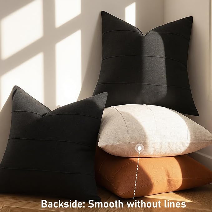 ZWJD Decorative Linen Throw Pillow Covers 22x22 Set of 2 Solid Handcrafted Striped Cushion Covers for Bed Soft Modern Farmhouse Neutral Pillowcase for Couch Bedroom Living Room Home Decor(Black)