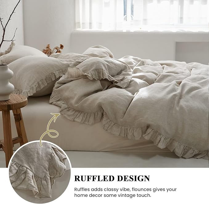 Simple&Opulence 100% Linen Duvet Cover Set, Natural French Flax Ruffle Duvet Cover Twin Size, Breathable Comfy Linen Bedding Comforter Cover with 1 Pillowcase (Natural Linen, 68" X 86")