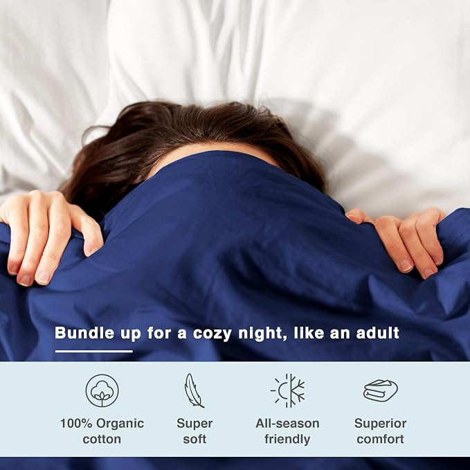 Fabdreams GOTS Certified 100% Organic Cotton Duvet Cover King Size - 400 TC Sateen - Soft - Silky - Button Closure - Edge Ties - 1 Duvet Cover (106"x92")+2 Pillow Shams (20"x36") - Dark Blue