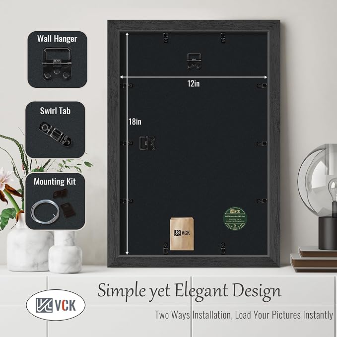 VCK 12x18 Frame Set of 3, black Wood Frames, Gallery Wall Decor Photo Frames for Wall Mounting Horizontally or Vertically