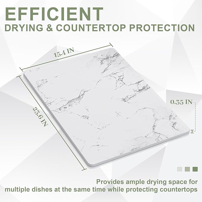Large Stone Drying Mat for Kitchen Counter, 24" × 16" Diatomite Dish Drying Mat, Quick Dry Stone Mats, Ultra Absorbent Natural Diatomaceous Earth Mats for Dished, Bottles, White Marble