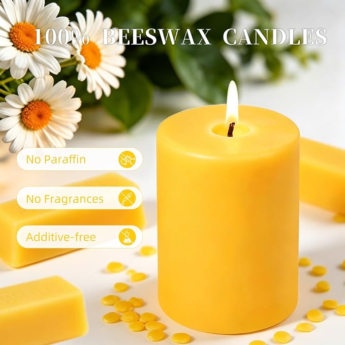 2 Packs 3"x 4" Natural Beeswax Pillar Candles, 100% Pure Beeswax Candle 120 Hours Long Burning Emergency Candle, Unscented Bees Wax Candles for Home Decor, Air Purification, Smokeless & Dripless