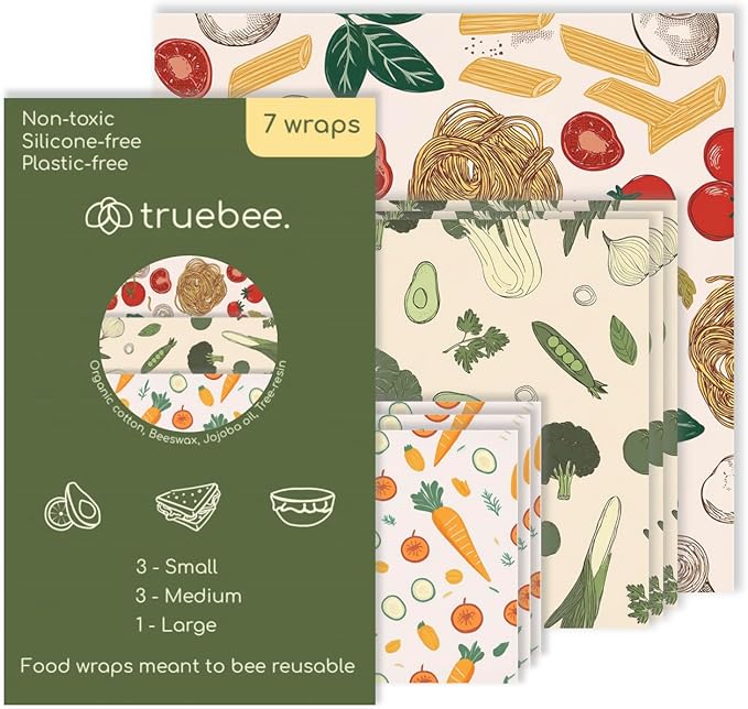 Truebee Reusable Beeswax Food Wraps 7-Pack Italia – Non Toxic, Plastic Free, Silicone Free, Sustainable, Environmentally Friendly, Organic Cotton Beeswax Wraps (S, M, L)