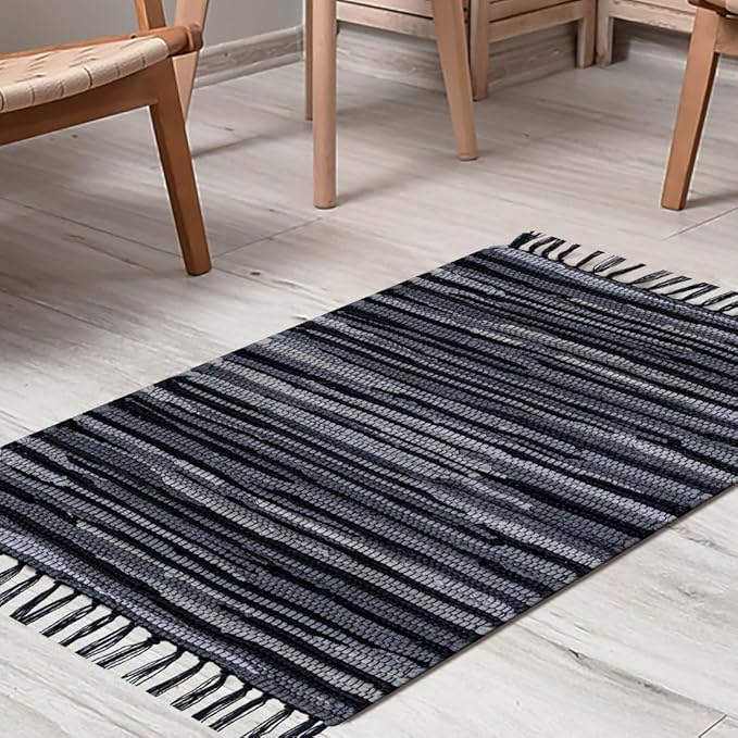 Cotton Chindi Rug - Boho Rustic Area Accent Throw Rug - Area Floor Carpet for Bedroom Living Room Kitchen Dorm Entryway Hallway - 20x32 inch Hand Woven Reversible Area Rug Black Multi