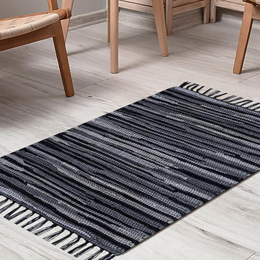 Cotton Chindi Rug - Boho Rustic Area Accent Throw Rug - Area Floor Carpet for Bedroom Living Room Kitchen Dorm Entryway Hallway - 20x32 inch Hand Woven Reversible Area Rug Black Multi