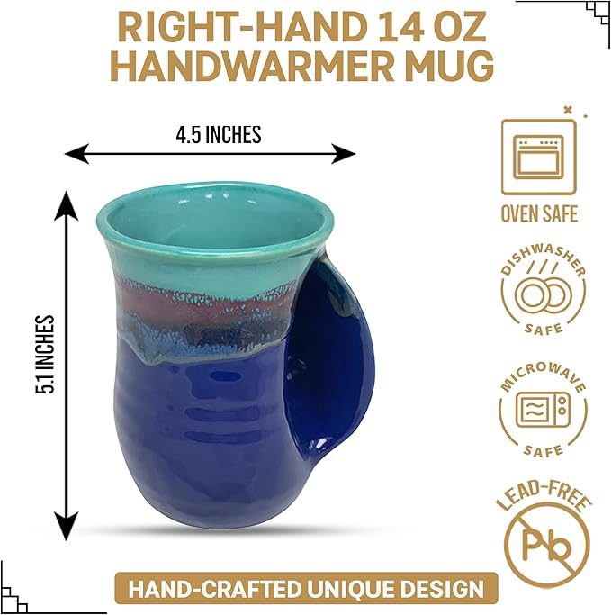 Clay in Motion Hand Warmer Coffee Mug – Handmade Coffee Mug With Comfortable Handle Contoured Pocket Hand Warming Ceramic Coffee Mug – Proudly Made in USA – Right Handed – 14 Oz - Mystic Waters