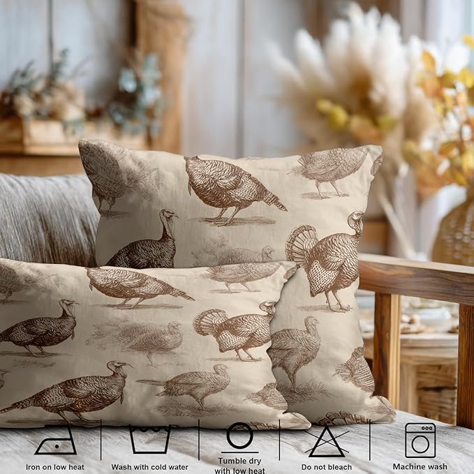 Shrahala Wild Turkeys Decorative Throw Pillow Cover, Vintage Turkey Illustration Lumbar Pillowcase Blended Double-Sided No Inserts for Bedroom Living Room Set of 2 (12 x 20 in)