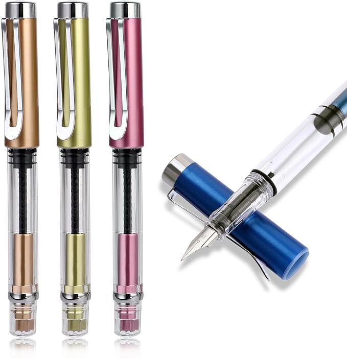 Bewudy 4 Pcs Refillable Fountain Pen Transparent Caligraphy Pens for Writing Upgrated Fine Nib Piston Filling Fountain Pen