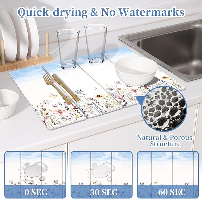 3 PCS Stone Dish Drying Mat for Kitchen Counter, Quick Dry Foldable Stone Dishes Mats, Water Absorbing Diatomaceous Earth Drying Organizer for Dishes Bottles, Cups and Tableware (Sky)