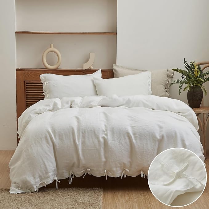 Simple&Opulence 100% Linen Duvet Cover Set 3pcs with Bowknot Ties Closure Natural French Washed Flax Solid Color Soft Breathable Farmhouse Bedding - White, King Size
